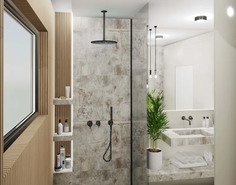 Модерна баня в сиви тонове